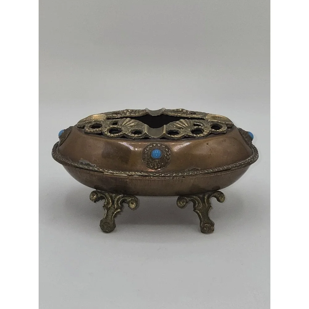 Hollywood Regency Copper Brass Ashtray Turquoise Cabochons Footed Tobacciana